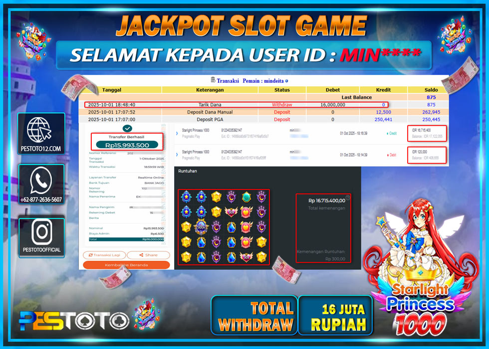 HANYA DI PESTOTO JP PASTI DI BAYAR LUNAS DAN CEPAT!! JP SLOT GAMES { STARLIGHT PRINCESS 1000 } Rp 16.000.000 !!!