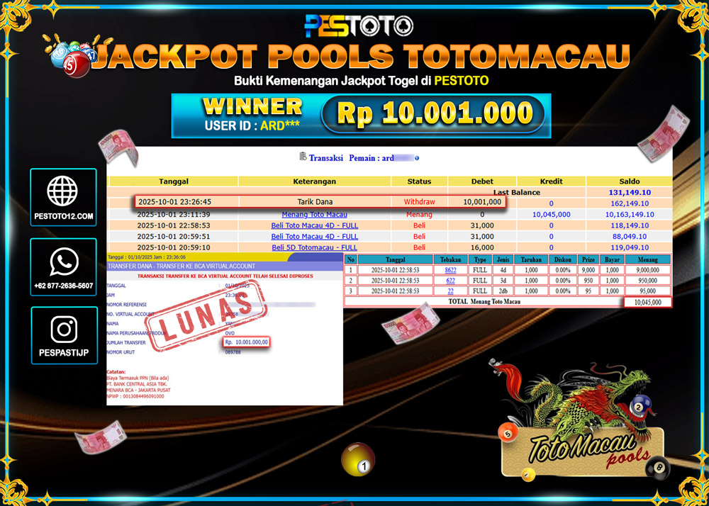 HANYA DI PESTOTO JP PASTI DI BAYAR LUNAS DAN CEPAT!! JACKPOT TOGEL { TOTOMACAU POOLS } Rp 10.001.000 !!!