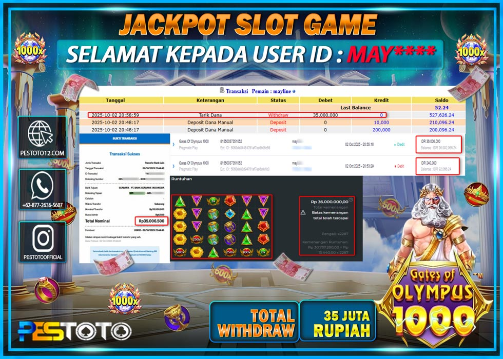 HANYA DI PESTOTO JP PASTI DI BAYAR LUNAS DAN CEPAT!! JP SLOT GAMES { GATES OF OLYMPUS 1000 } Rp 35.000.000 !!!