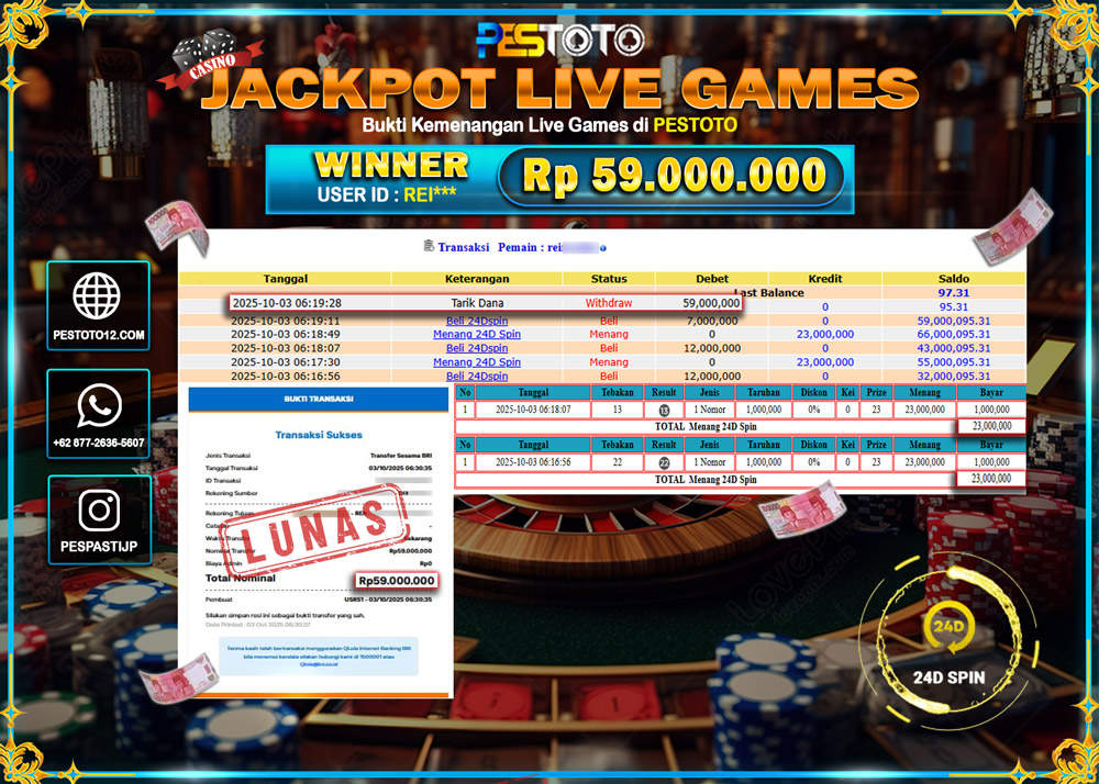 HANYA DI PESTOTO JP PASTI DI BAYAR LUNAS DAN CEPAT!! JP LIVE GAMES { 24D SPIN GAMES } Rp 59.000.000 !!!