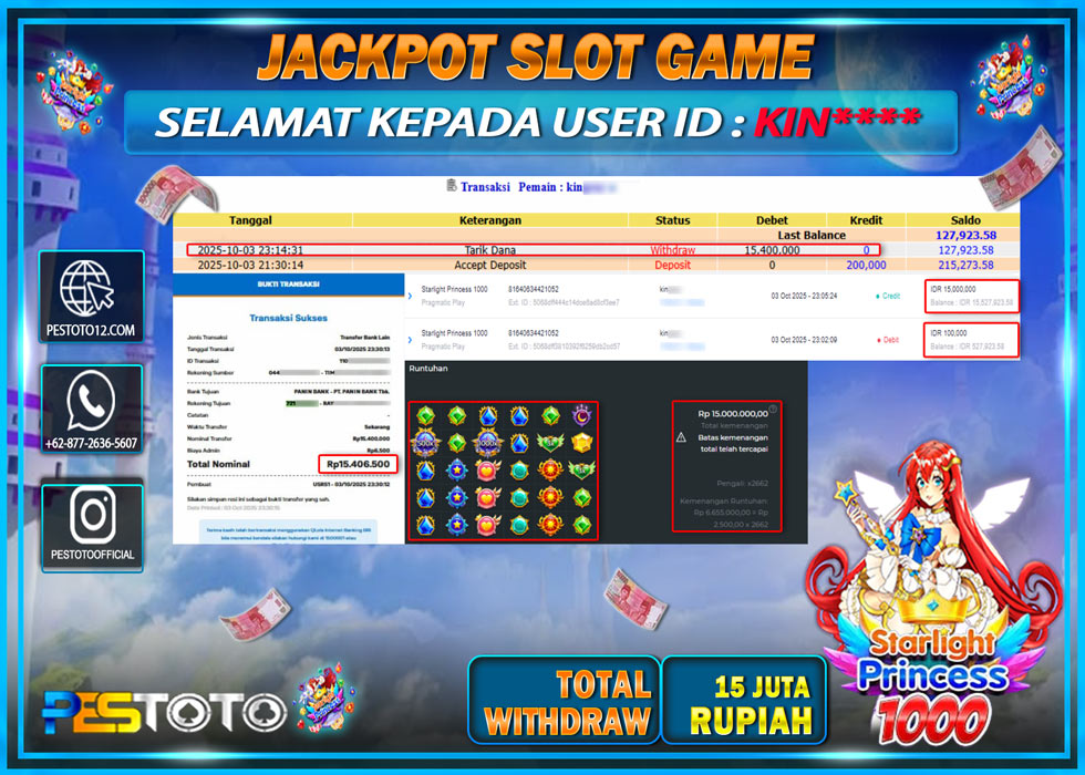HANYA DI PESTOTO JP PASTI DI BAYAR LUNAS DAN CEPAT!! JP SLOT GAMES { STARLIGHT PRINCESS 1000 } Rp 15.000.000 !!!