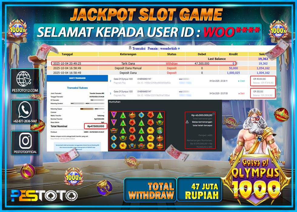 HANYA DI PESTOTO JP PASTI DI BAYAR LUNAS DAN CEPAT!! JP SLOT GAMES { GATES OF OLYMPUS  1000 } Rp 47.500.000 !!!