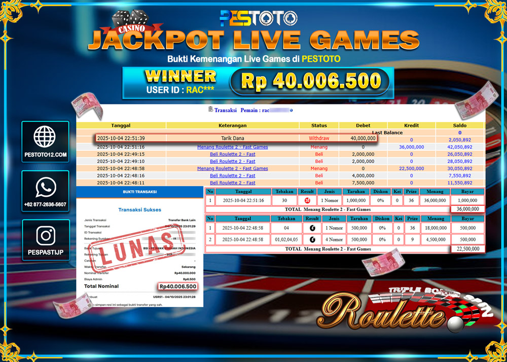 HANYA DI PESTOTO JP PASTI DI BAYAR LUNAS DAN CEPAT!! JP LIVE GAMES { ROULETTE } Rp 40.006.500 !!!