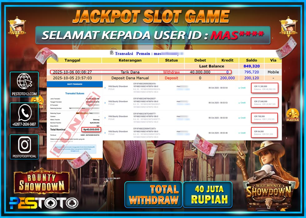 HANYA DI PESTOTO JP PASTI DI BAYAR LUNAS DAN CEPAT!! JP SLOT GAMES { WILD BOUNTY SHOWDOWN } Rp 40.000.000 !!!