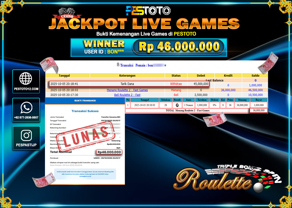 HANYA DI PESTOTO JP PASTI DI BAYAR LUNAS DAN CEPAT!! JP LIVE GAMES { ROULETTE 2 - FAST GAMES } Rp 46.000.000 !!!