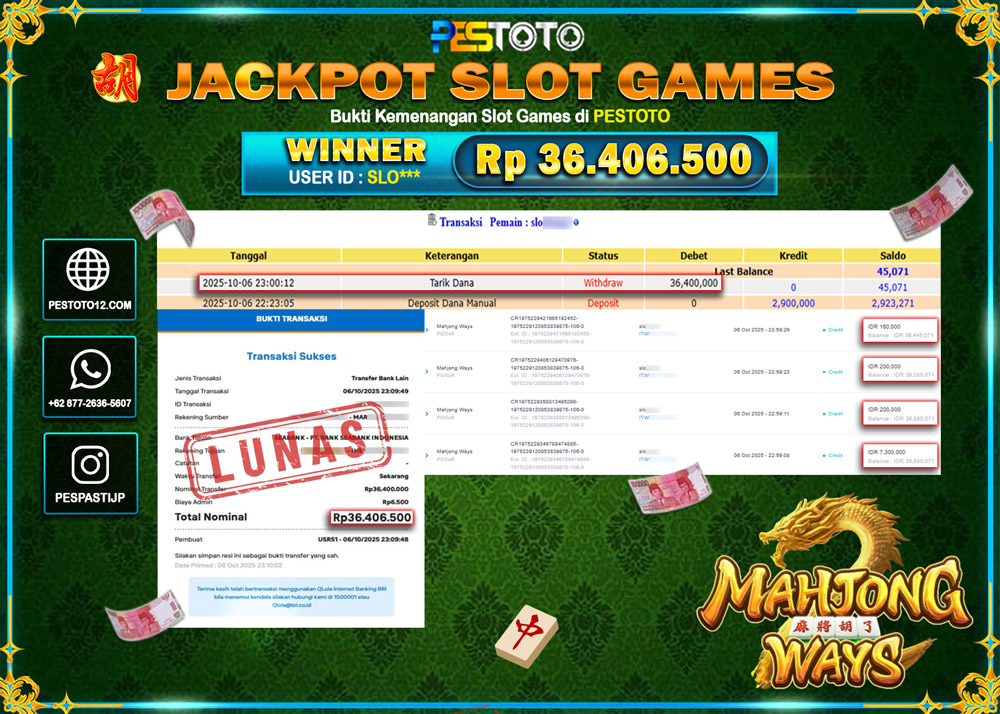 HANYA DI PESTOTO JP PASTI DI BAYAR LUNAS DAN CEPAT!! JP SLOT { MAHJONG WAYS } Rp 36.406.500 !!!