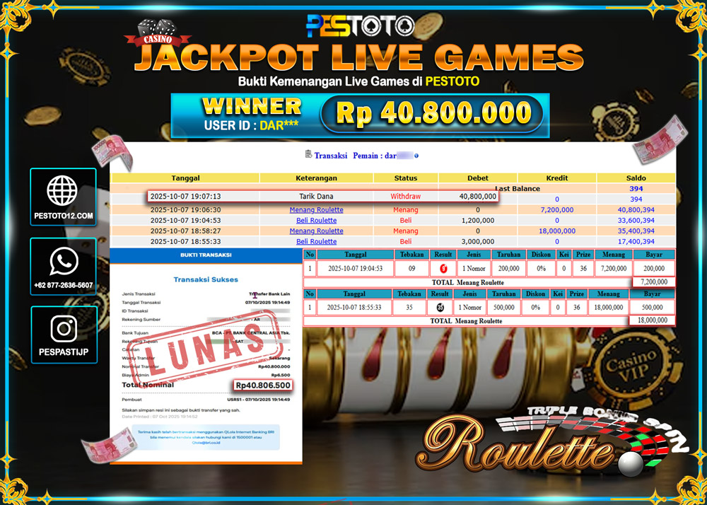 HANYA DI PESTOTO JP PASTI DI BAYAR LUNAS DAN CEPAT!! JP LIVE GAMES { ROULETTE } Rp 40.806.500 !!!