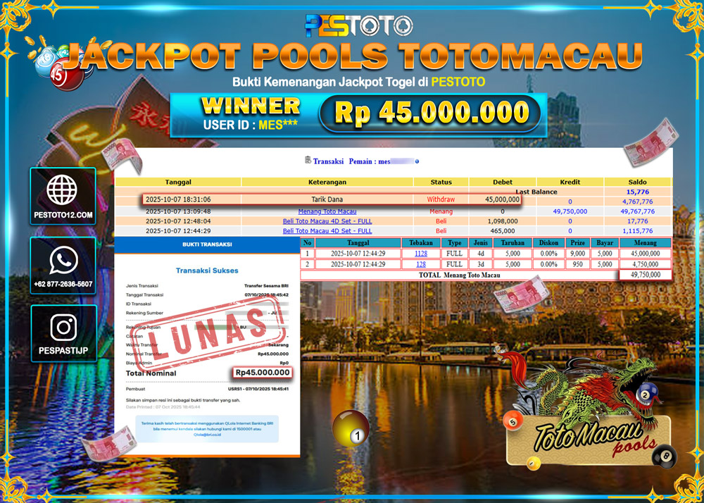 HANYA DI PESTOTO JP PASTI DI BAYAR LUNAS DAN CEPAT!! JP TOGEL { TOTOMACAU POOLS } Rp 45.006.500 !!!