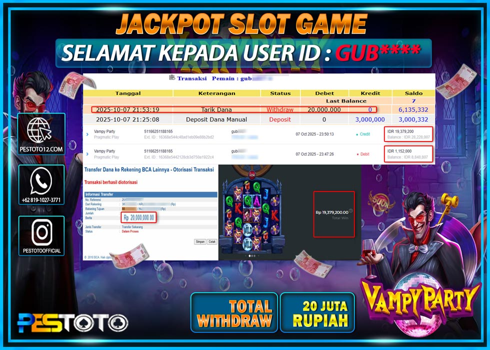 HANYA DI PESTOTO JP PASTI DI BAYAR LUNAS DAN CEPAT!! JP SLOT { VAMPY PARTY } Rp 20.000.000 !!!