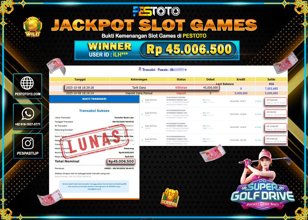 HANYA DI PESTOTO JP PASTI DI BAYAR LUNAS DAN CEPAT!! JP SLOT GAMES { SUPER GOLF DRIVE } Rp 45.006.500 !!!