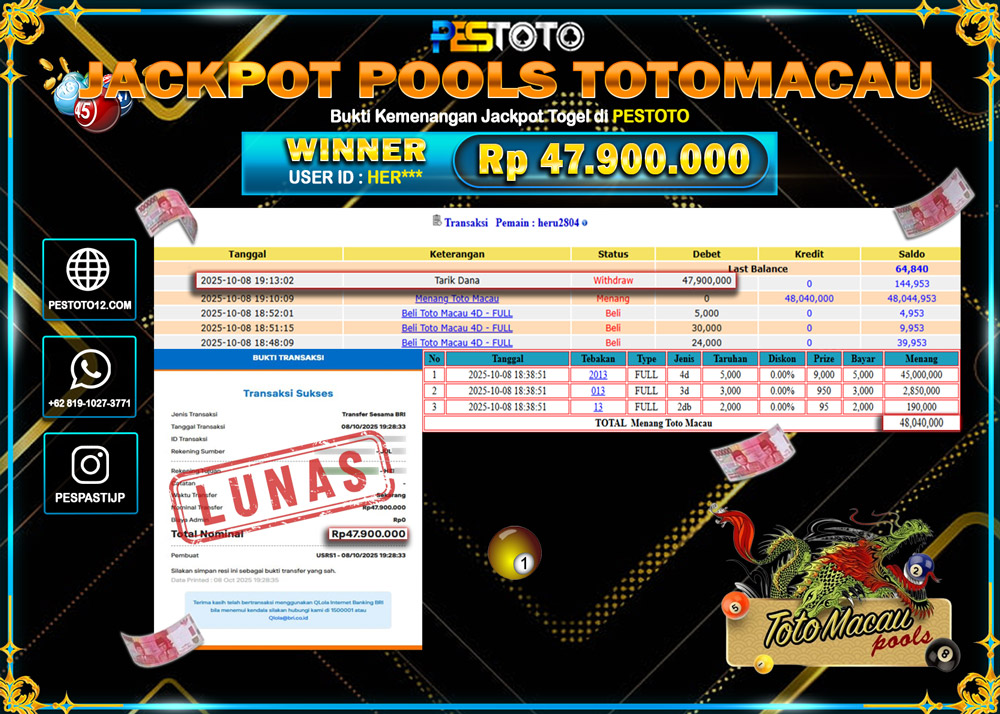 HANYA DI PESTOTO JP PASTI DI BAYAR LUNAS DAN CEPAT!! JP TOGEL { TOTOMACAU POOLS } Rp 47.900.000 !!!
