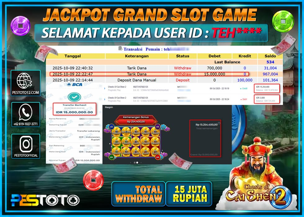 HANYA DI PESTOTO JP PASTI DI BAYAR LUNAS DAN CEPAT!! JP SLOT GAMES { CHEST OF CAI SHEN 2 } Rp 15.700.000 !!!