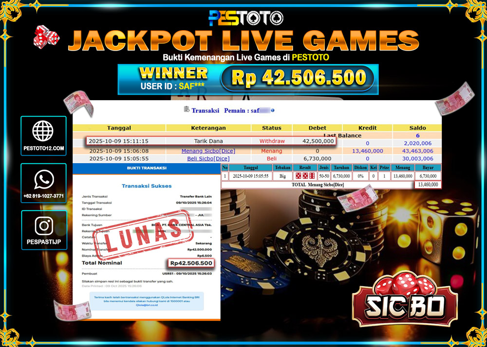 HANYA DI PESTOTO JP PASTI DI BAYAR LUNAS DAN CEPAT!! JP LIVE GAMES { SICBO DICE } Rp 42.506.500 !!!