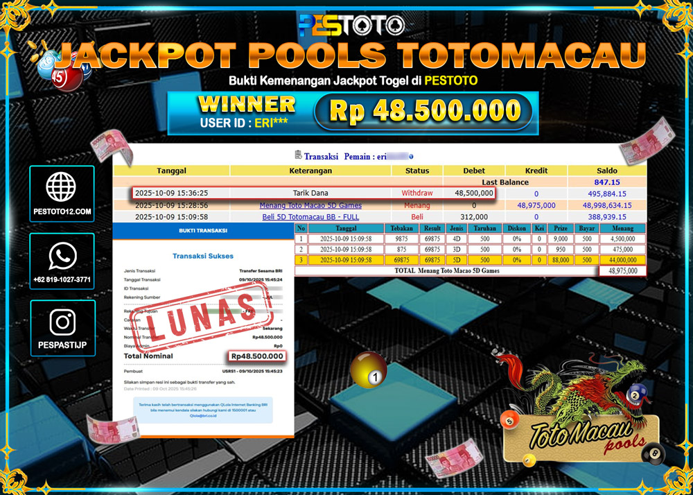 HANYA DI PESTOTO JP PASTI DI BAYAR LUNAS DAN CEPAT!! JP TOGEL { TOTOMACAU POOLS } Rp 48.500.000 !!!