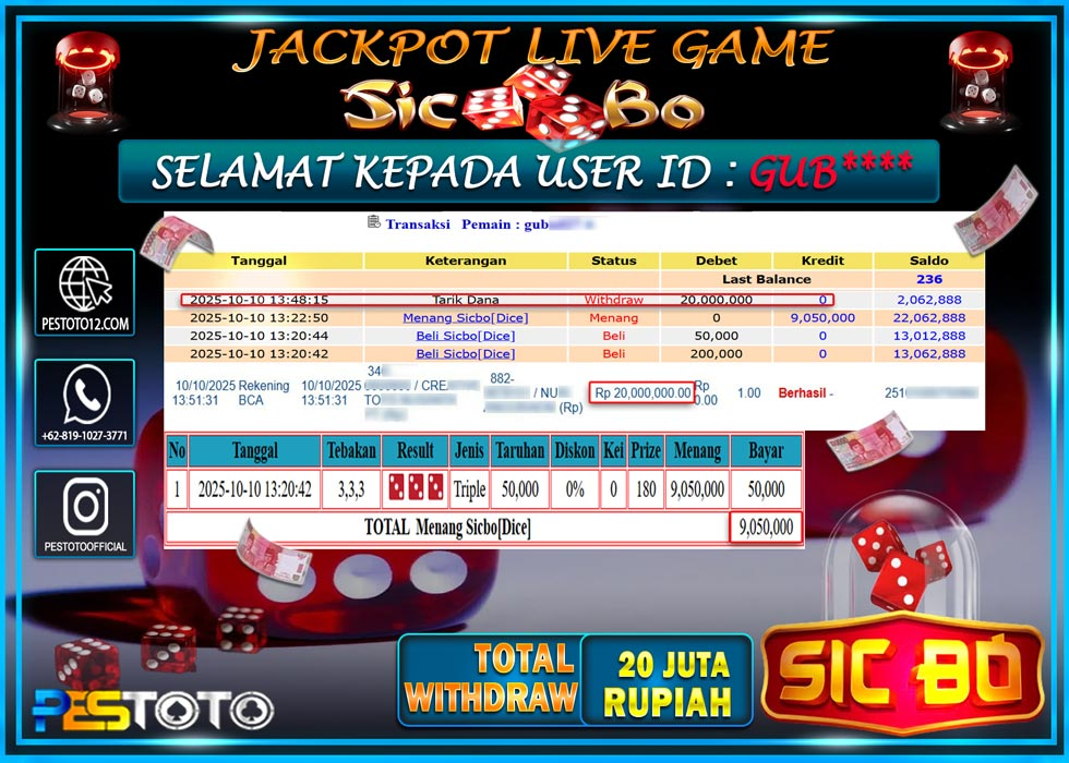 HANYA DI PESTOTO JP PASTI DI BAYAR LUNAS DAN CEPAT!! JP LIVE GAMES { SICBO DICE } Rp 20.000.000 !!!