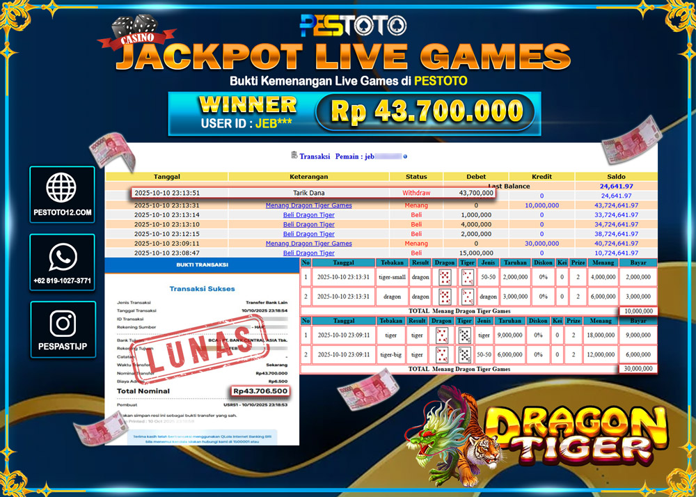 HANYA DI PESTOTO JP PASTI DI BAYAR LUNAS DAN CEPAT!! JP LIVE GAMES { DRAGON TIGER GAMES } Rp 43.700.000 !!!