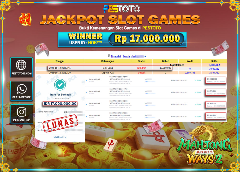 HANYA DI PESTOTO JP PASTI DI BAYAR LUNAS DAN CEPAT!! JP SLOT GAMES { MAHJONG WAYS 2  } Rp 17.000.000 !!!