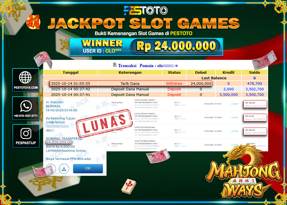 HANYA DI PESTOTO JP PASTI DI BAYAR LUNAS DAN CEPAT!! JP SLOT GAMES { MAHJONG WAYS } Rp 24.000.000 !!!