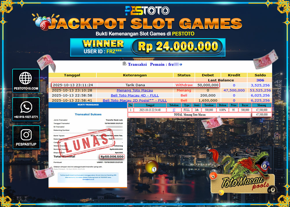 HANYA DI PESTOTO JP PASTI DI BAYAR LUNAS DAN CEPAT!! JP TOGEL { TOTOMACAU POOLS  } Rp 50.006.500 !!!