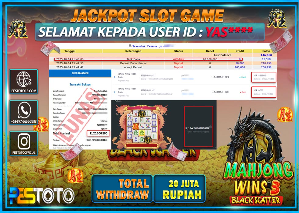 HANYA DI PESTOTO JP PASTI DI BAYAR LUNAS DAN CEPAT!! JP SLOT GAMES { MAHJONG WINS 3 BLACK SCATTER } Rp 20.000.000 !!!