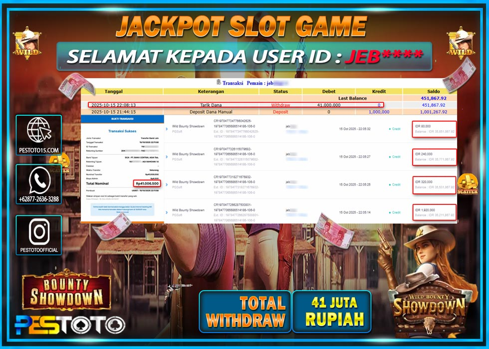HANYA DI PESTOTO JP PASTI DI BAYAR LUNAS DAN CEPAT!! JP SLOT GAMES { WILD BOUNTY SHOWDOWN } Rp 41.000.000 !!!