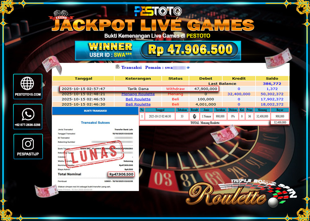 HANYA DI PESTOTO JP PASTI DI BAYAR LUNAS DAN CEPAT!! JP LIVE GAMES { ROULETTE GAMES } Rp 47.906.500 !!!
