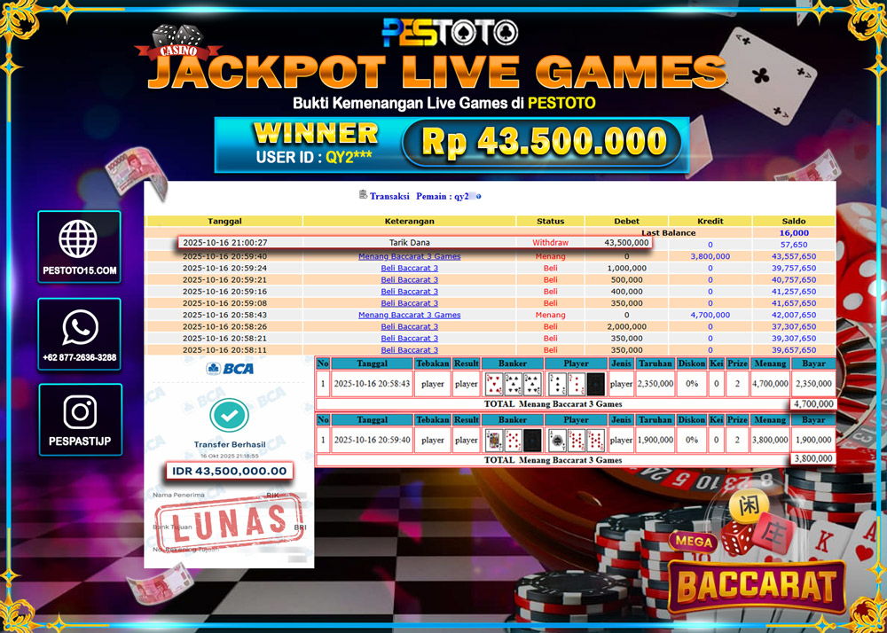 HANYA DI PESTOTO JP PASTI DI BAYAR LUNAS DAN CEPAT!! JP LIVE GAMES { BACCARAT 3 GAMES } Rp 43.500.000 !!!