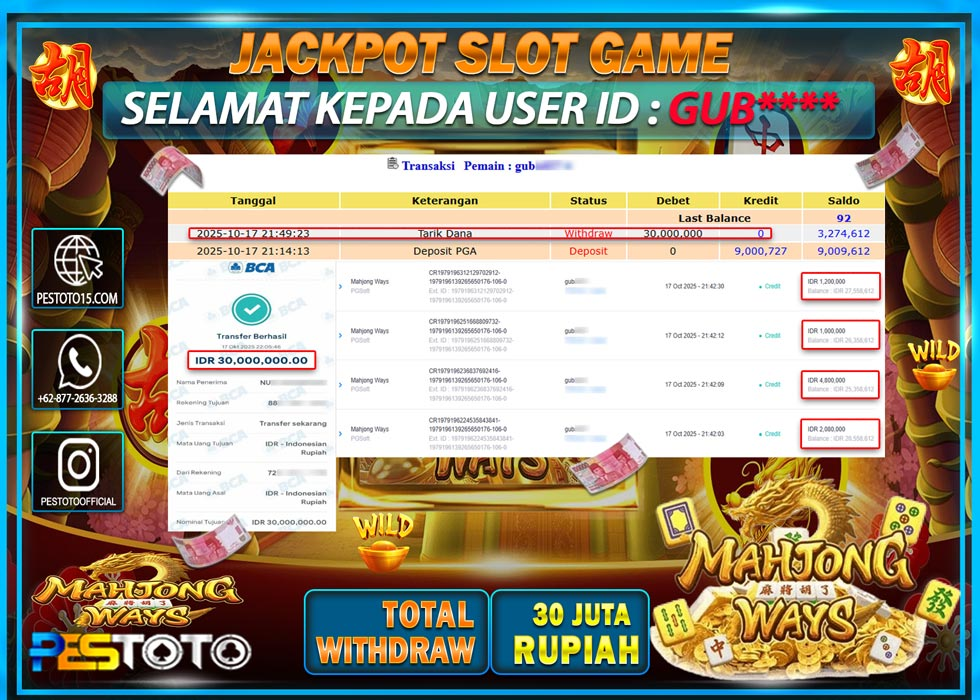 HANYA DI PESTOTO JP PASTI DI BAYAR LUNAS DAN CEPAT!! JP SLOT GAMES { MAHJONG WAYS } Rp 30.000.000 !!!