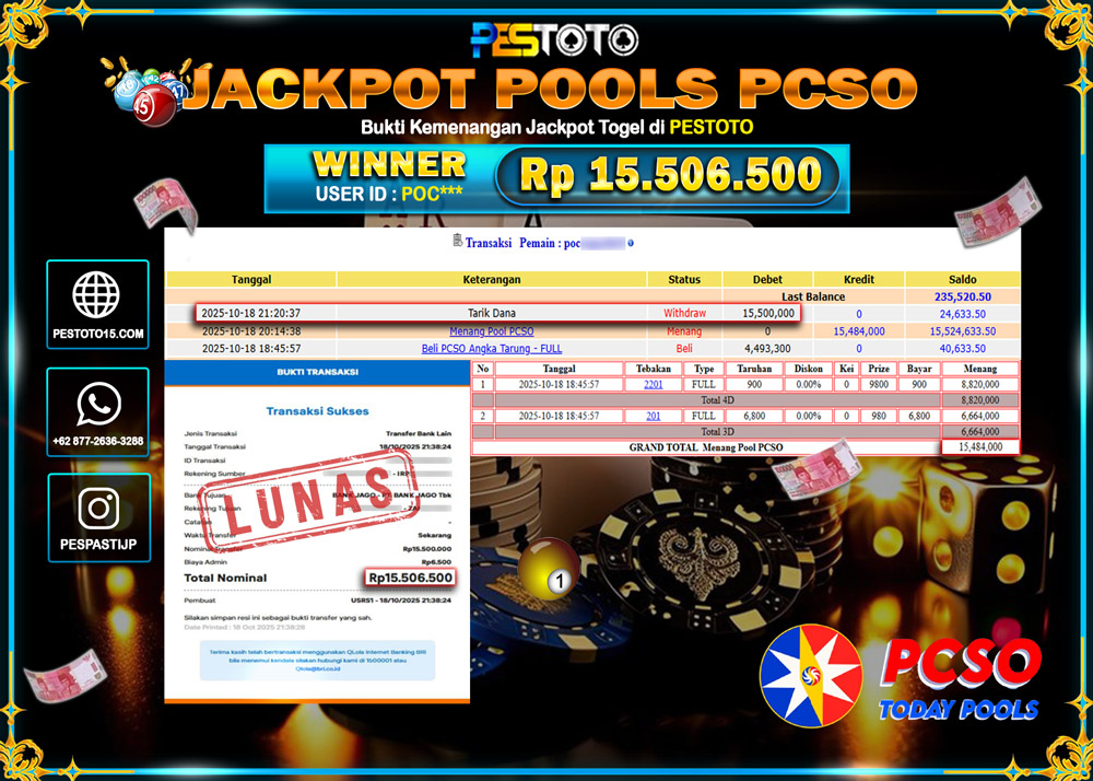 HANYA DI PESTOTO JP PASTI DI BAYAR LUNAS DAN CEPAT!! JP TOGEL { PCSO POOLS } Rp 15.506.500 !!!