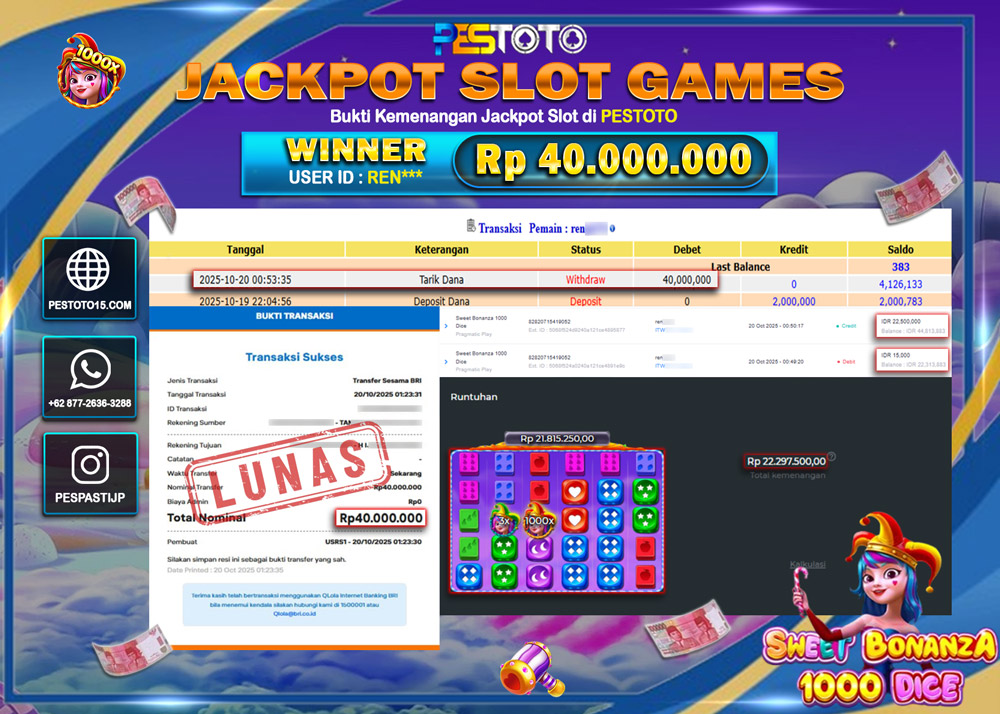 HANYA DI PESTOTO JP PASTI DI BAYAR LUNAS DAN CEPAT!! JP SLOT GAMES { SWEET BONANZA 1000 DICE } Rp 40.000.000 !!!