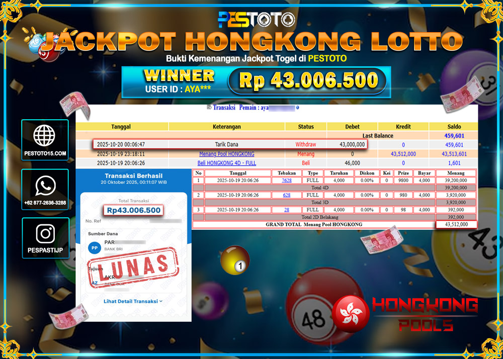 HANYA DI PESTOTO JP PASTI DI BAYAR LUNAS DAN CEPAT!! JP TOGEL { HONGKONG LOTTO } Rp 43.006.500 !!!