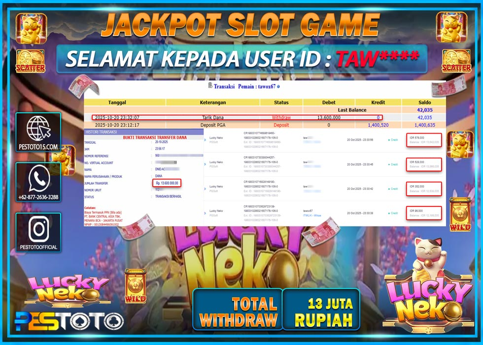 HANYA DI PESTOTO JP PASTI DI BAYAR LUNAS DAN CEPAT!! JP SLOT GAMES { LUCKY NEKO } Rp 13.000.000 !!!