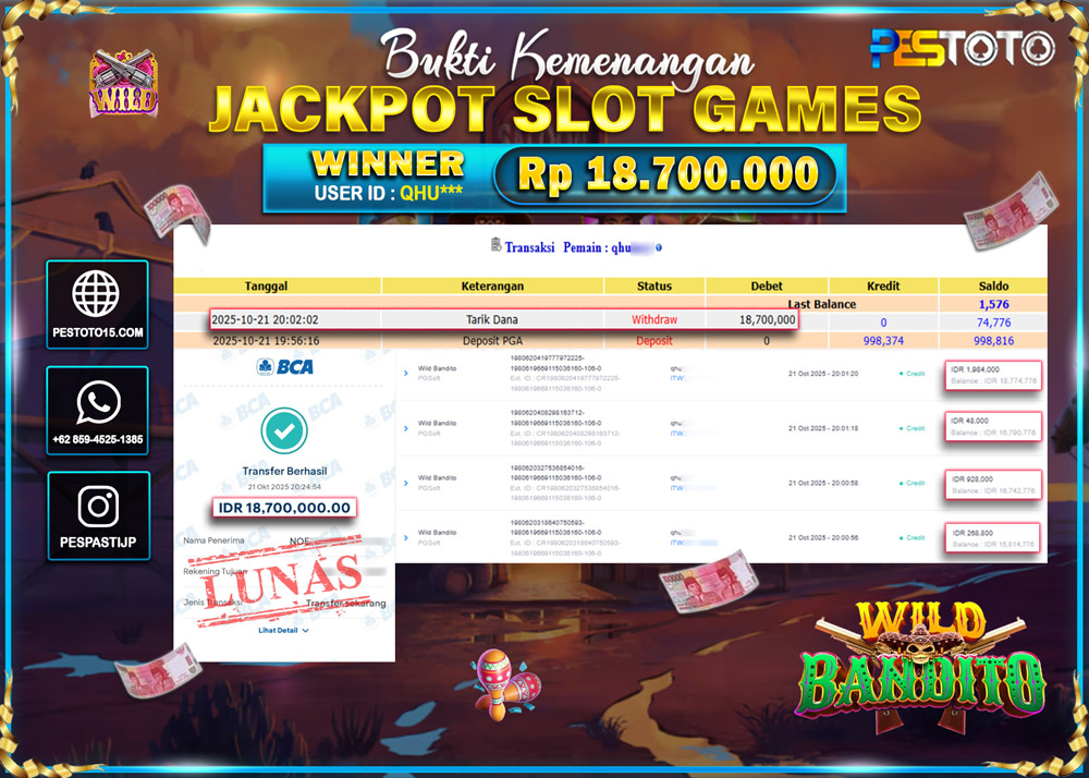HANYA DI PESTOTO JP PASTI DI BAYAR LUNAS DAN CEPAT!! JP SLOT GAMES { WILD BANDITO } Rp 18.700.000 !!!