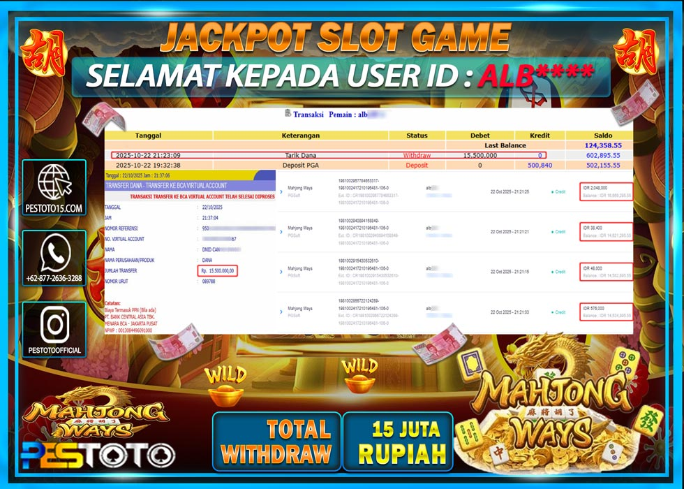 HANYA DI PESTOTO JP PASTI DI BAYAR LUNAS DAN CEPAT!! JP SLOT GAMES { MAHJONG WAYS } Rp 15.500.000 !!!