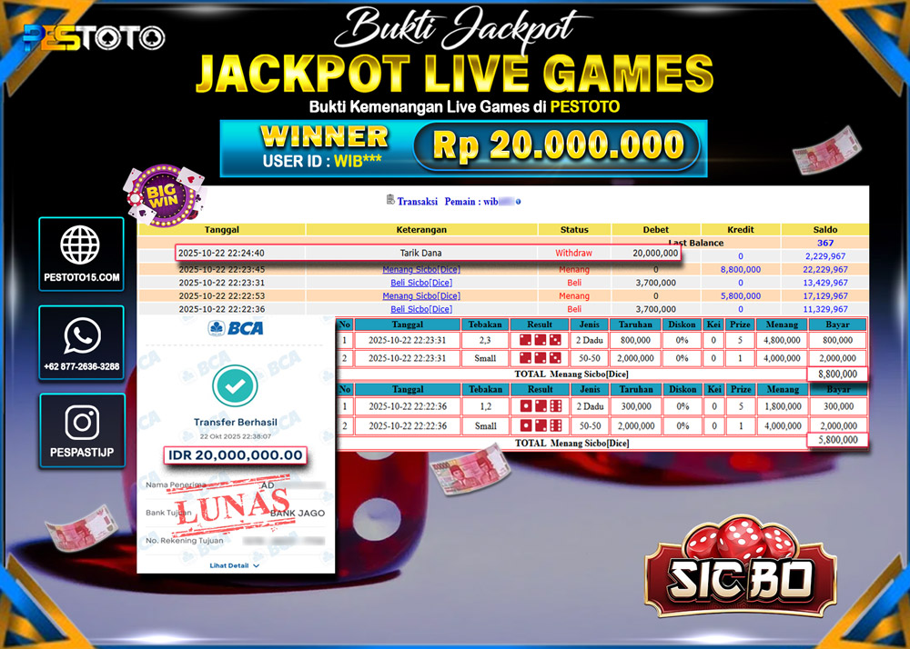 HANYA DI PESTOTO JP PASTI DI BAYAR LUNAS DAN CEPAT!! JP LIVE GAMES { SICBO DICE } Rp 20.000.000 !!!