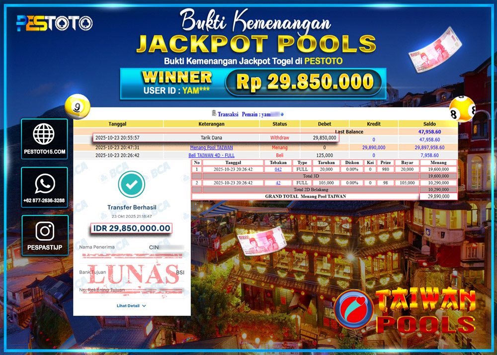 HANYA DI PESTOTO JP PASTI DI BAYAR LUNAS DAN CEPAT!! JP TOGEL { TAIWAN } Rp 29.850.000 !!!