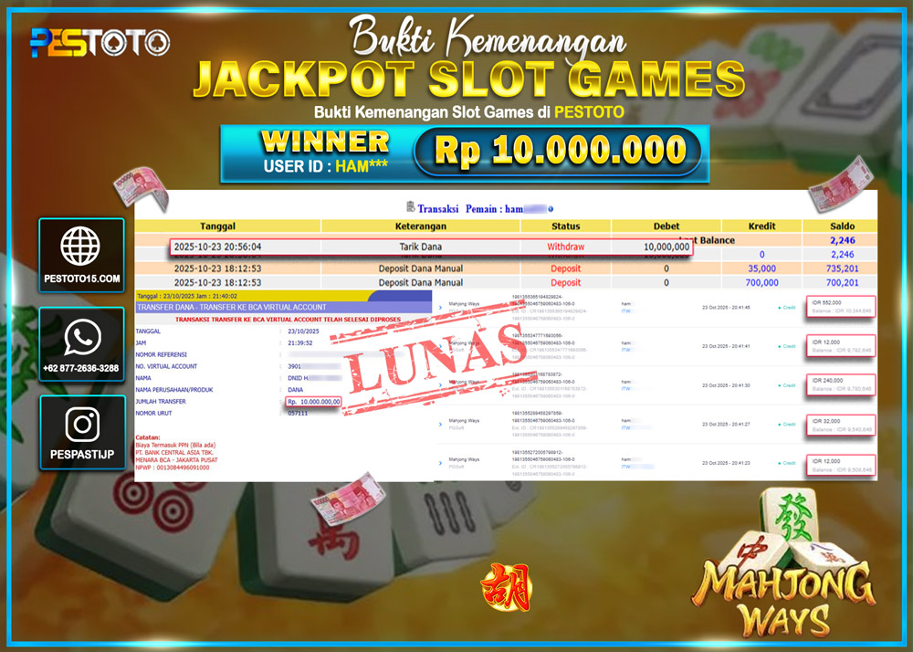 HANYA DI PESTOTO JP PASTI DI BAYAR LUNAS DAN CEPAT!! JP SLOT GAMES { MAHJONG WAYS } Rp 10.000.000 !!!