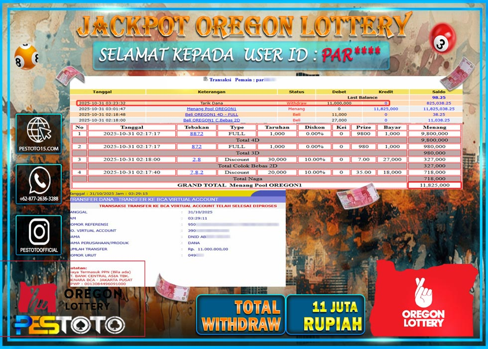 HANYA DI PESTOTO JP PASTI DI BAYAR LUNAS DAN CEPAT!! JP TOGEL { OREGON LOTTERY } Rp 11.000.000 !!!