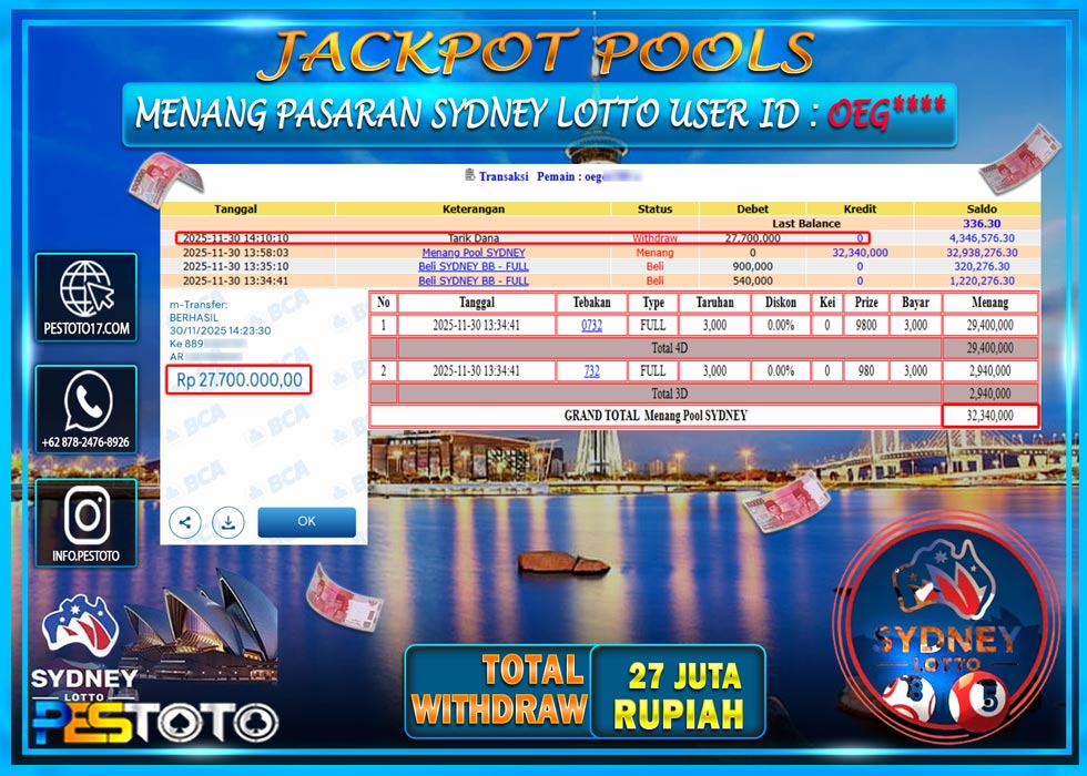 HANYA DI PESTOTO JP PASTI DI BAYAR LUNAS DAN CEPAT!! JP TOGEL { SYDNEY LOTTO } Rp 27.700.000 !!!