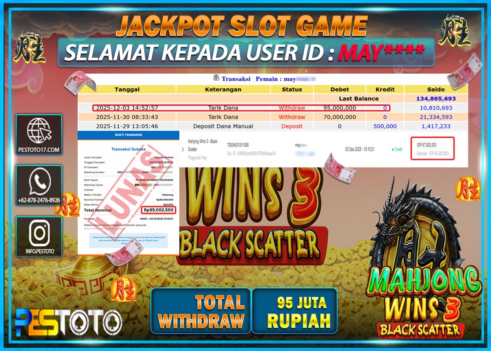 HANYA DI PESTOTO JP PASTI DI BAYAR LUNAS DAN CEPAT!! JP SLOT GAMES { MAHJONG WINS 3 BLACK SCATTER } Rp 95.000.000 !!!