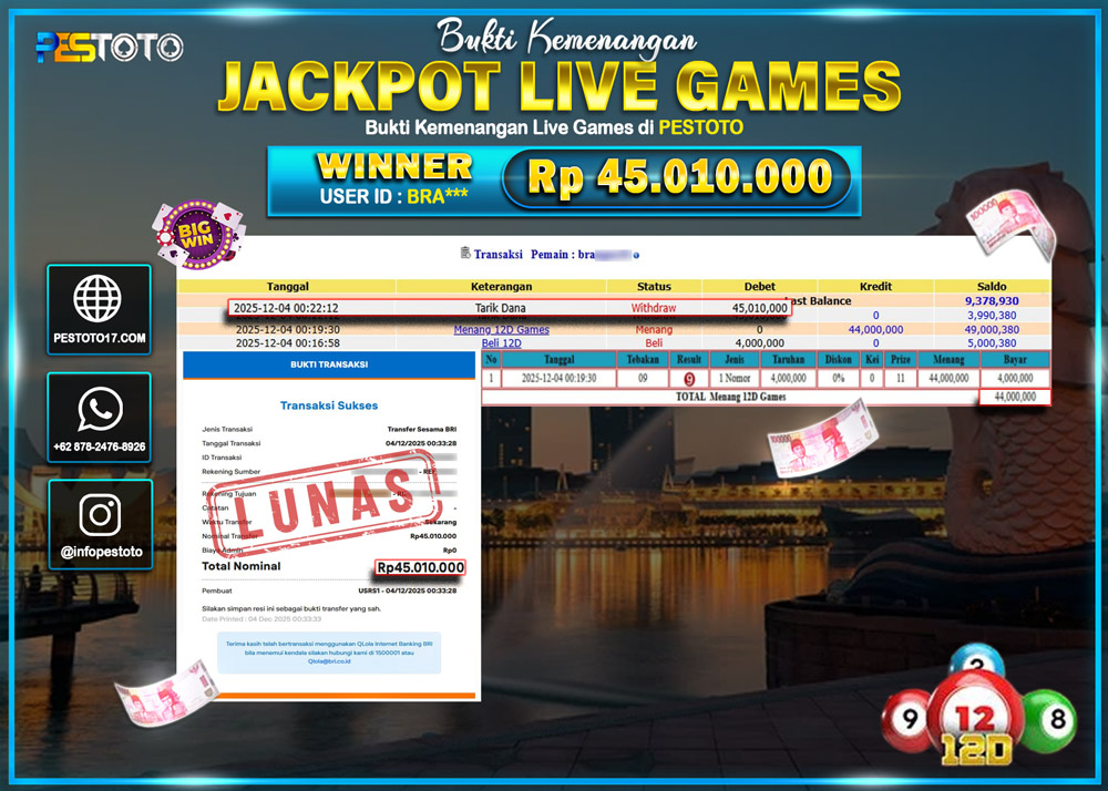HANYA DI PESTOTO JP PASTI DI BAYAR LUNAS DAN CEPAT!! JP LIVEGAMES { 12D GAMES } Rp 45.010.000 !!!