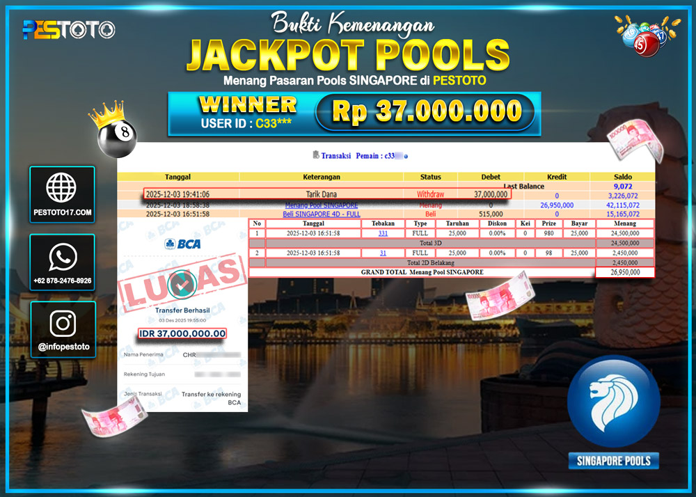 HANYA DI PESTOTO JP PASTI DI BAYAR LUNAS DAN CEPAT!! JP TOGEL { SINGAPORE POOLS } Rp 37.000.000 !!!