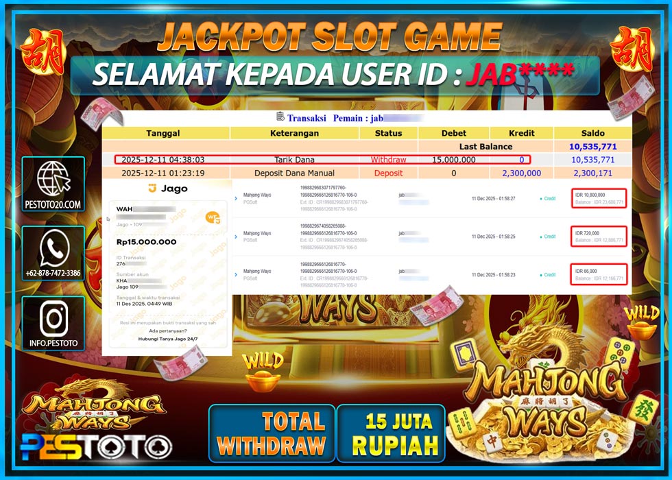 HANYA DI PESTOTO JP PASTI DI BAYAR LUNAS DAN CEPAT!! JP SLOT GAMES { MAHJONG WAYS } Rp 15.000.000 !!!