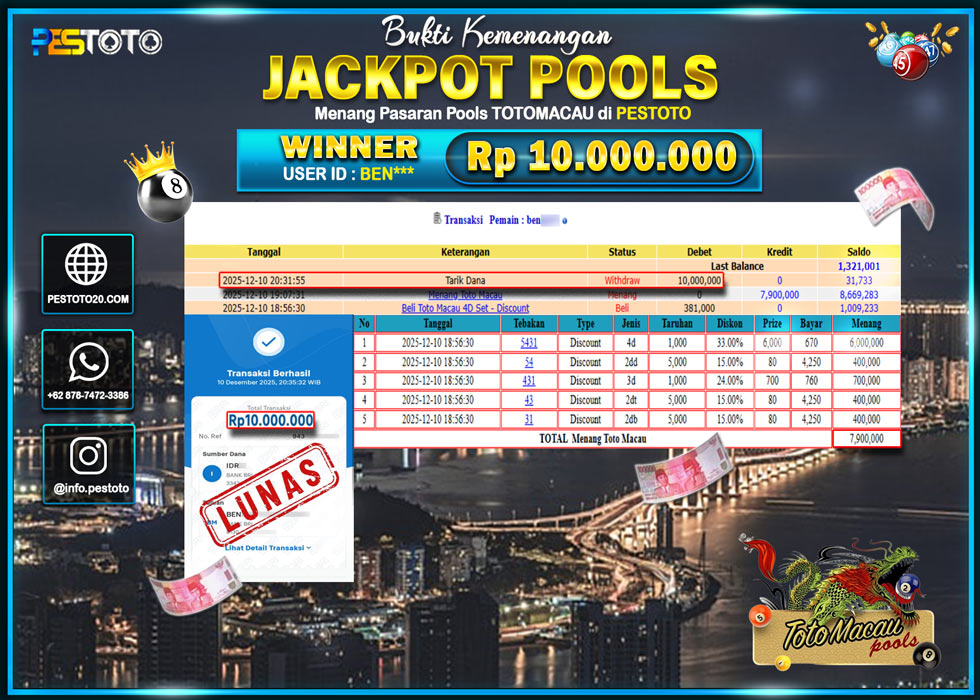 HANYA DI PESTOTO JP PASTI DI BAYAR LUNAS DAN CEPAT!! JP TOGEL { TOTO MACAU } Rp 10.000.000 !!!