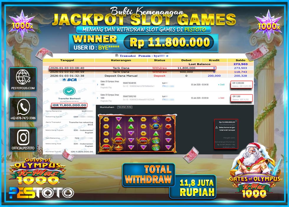 HANYA DI PESTOTO JP PASTI DI BAYAR LUNAS DAN CEPAT!! JP SLOT GAMES { GATES OF OLYMPUS XMAS 1000 } Rp 11.800.000 !!!
