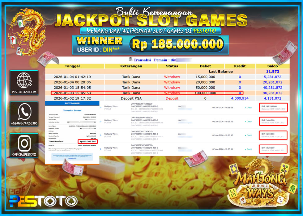 HANYA DI PESTOTO JP PASTI DI BAYAR LUNAS DAN CEPAT!! JP SLOT GAMES { MAHJONG WAYS } Rp 185.000.000 !!!