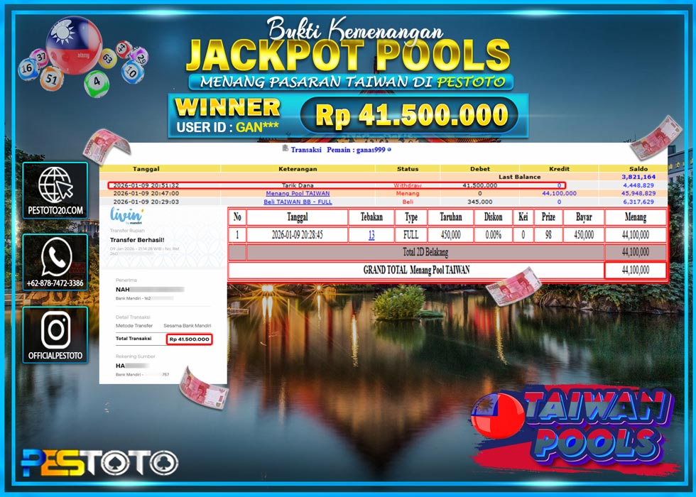 HANYA DI PESTOTO JP PASTI DI BAYAR LUNAS DAN CEPAT!! JP TOGEL { TAIWAN POOLS } Rp 41.500.000 !!!