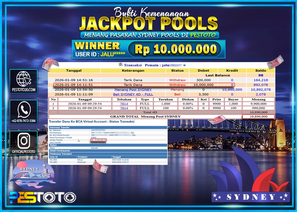 HANYA DI PESTOTO JP PASTI DI BAYAR LUNAS DAN CEPAT!! JP TOGEL { SYDNEY POOLS } Rp 10.000.000 !!!