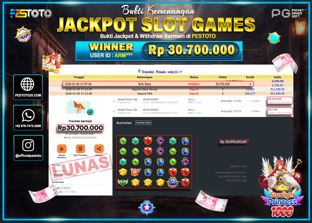 HANYA DI PESTOTO JP PASTI DI BAYAR LUNAS DAN CEPAT!! JP SLOT GAMES { STARLIGHT PRINCESS 1000 } Rp 30.700.000 !!!