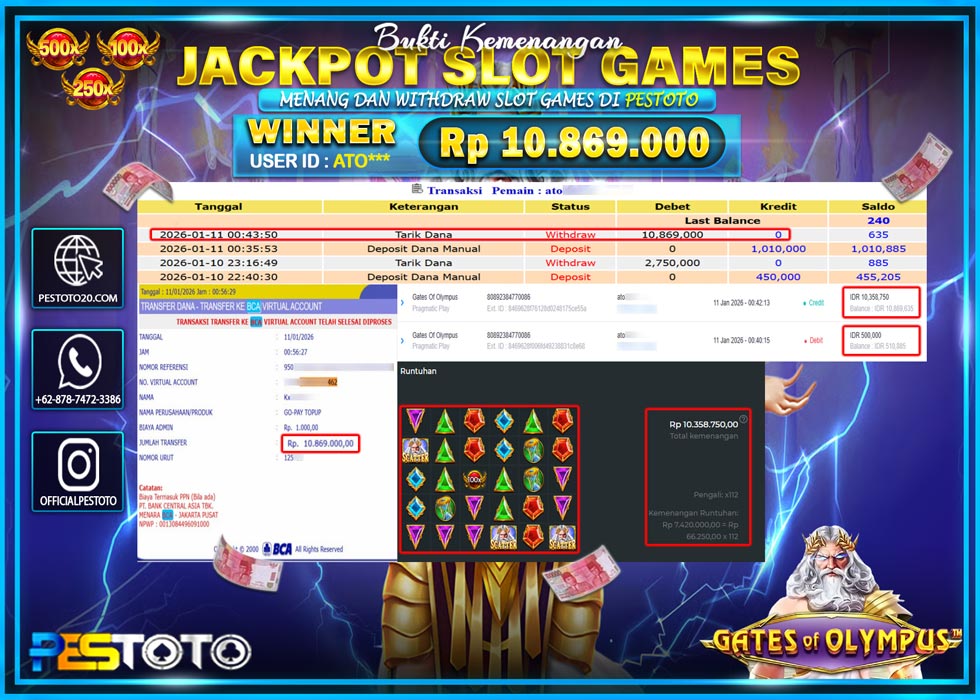 HANYA DI PESTOTO JP PASTI DI BAYAR LUNAS DAN CEPAT!! JP SLOT GAMES { GATES OF OLYMPUS } Rp 10.869.000 !!!